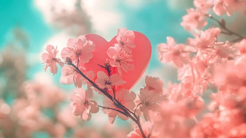 Heart-Shaped Form Among Cherry Blossoms Against Turquoise Sky.