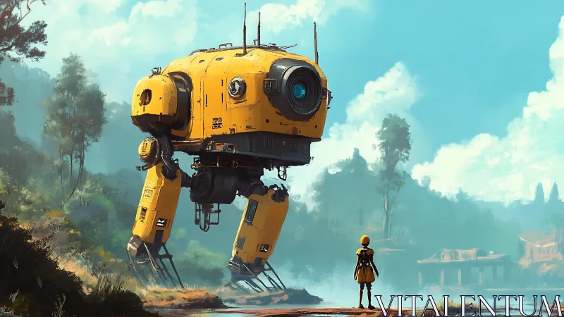 Yellow river mech greeting a lone wanderer at dawn.
