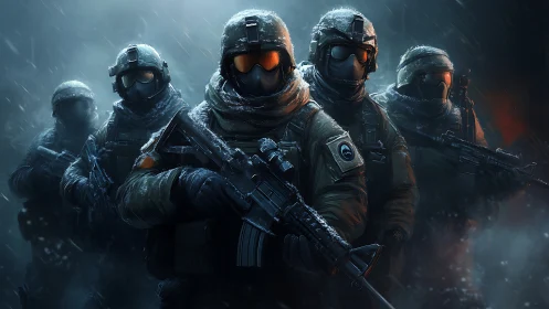 Five armed soldiers stand in winter gear under heavy snowfall