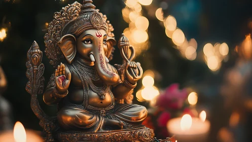 Metallic Ganesha statue sits amid defocused candle lights