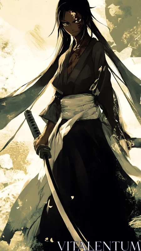 Storm-lit swordswoman poised between rage and quiet resolve.