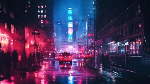 Neon rainstorm taxis cruise a midnight cyber city street.