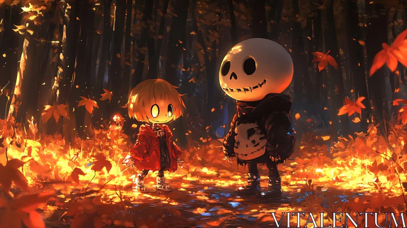 Cute skeleton and child standing in glowing autumn forest.