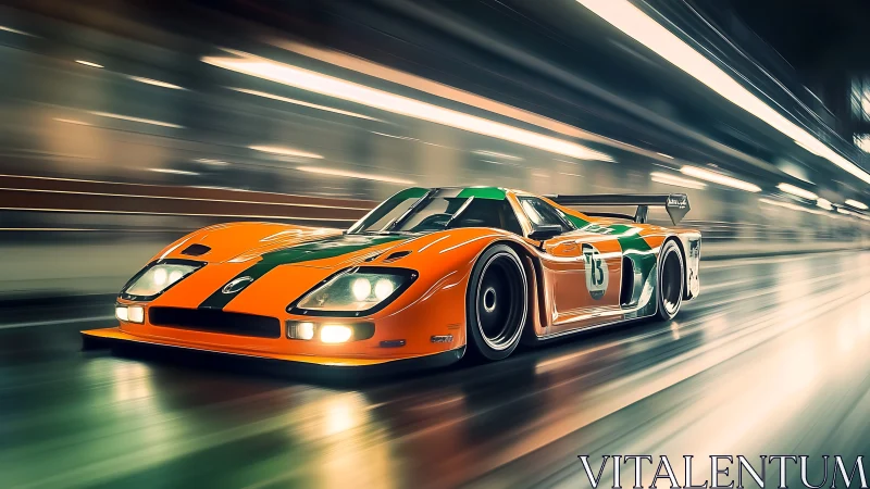 Orange race car moves through illuminated tunnel environment