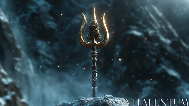 Golden trident standing on icy rock in misty mountains.
