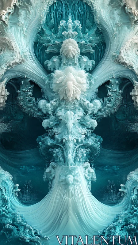 Symmetrical cyan fractal structure with flowing organic forms.