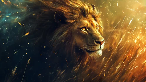Majestic lion head emerges through swirling golden embers