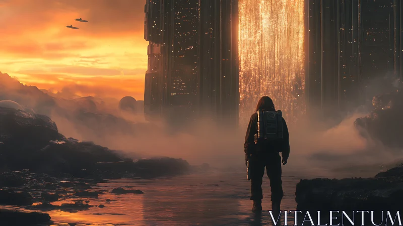 Lone explorer welcomes a glowing sci fi gateway at sunset.