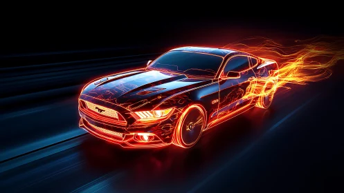Neon muscle car blazes forward with fiery motion trails.
