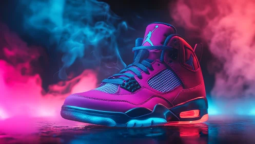 Bold neon sneaker glows in colorful smoke and dramatic light