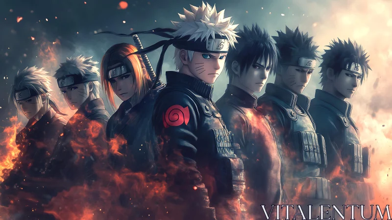 Lineup of anime-style ninjas standing amid glowing flames