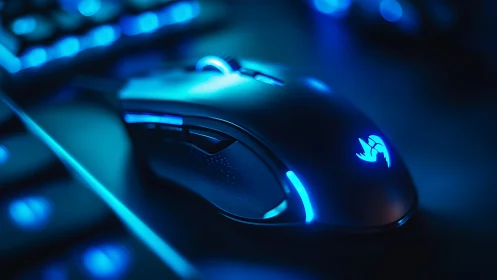 Illuminated gaming mouse with cyan LED accents and glowing circuit patterns.