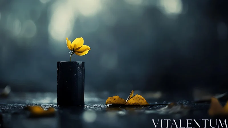 Solitary Yellow Bloom in Charred Cylindrical Vessel Against Blurred Moody Backdrop