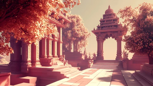 Sunlit temple terraces quietly rehearse their eternal dawn