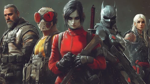 Futuristic mercenary squad lineup in detailed digital art.