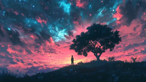 Dreamy sunset sky welcoming a lone stargazer under a tree.