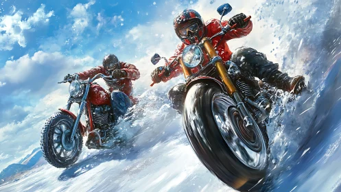 Dynamic digital painting captures two motorcyclists cutting surf