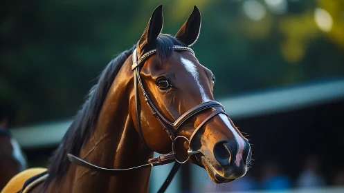 Chestnut sport horse portrait in golden hour bridle light.