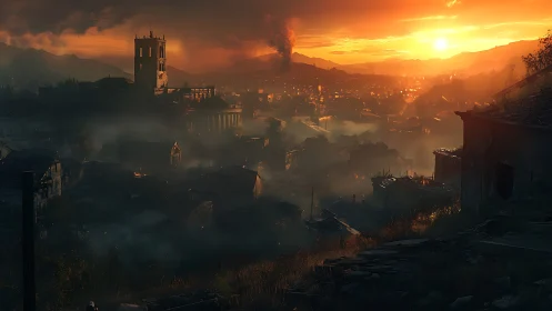 Sunset over a smoky post-apocalyptic valley town.