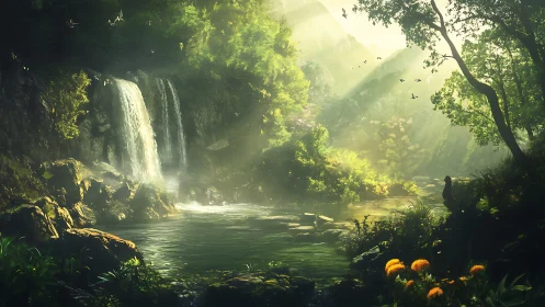Sunlit forest waterfall and tranquil reflective pool scene.