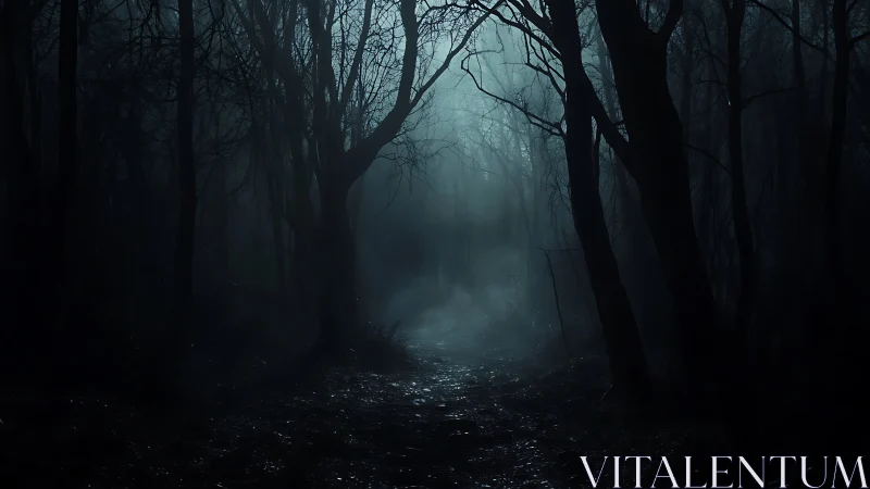 Nocturnal forest path shrouded in fog and rim-lit silhouettes.