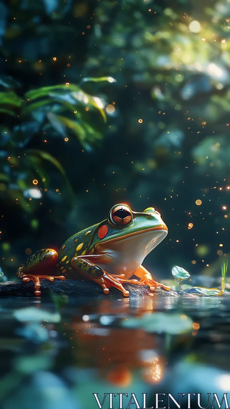 Forest firefly dusk with a jewel bright tree frog friend.