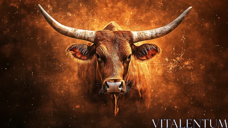 Longhorn bull emerges through blazing ember vortex.