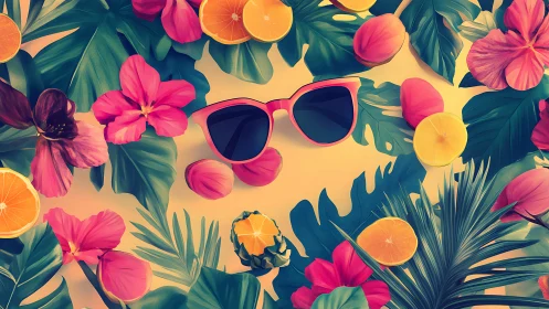 Bold tropical sunglasses rest among lush florals and fruit