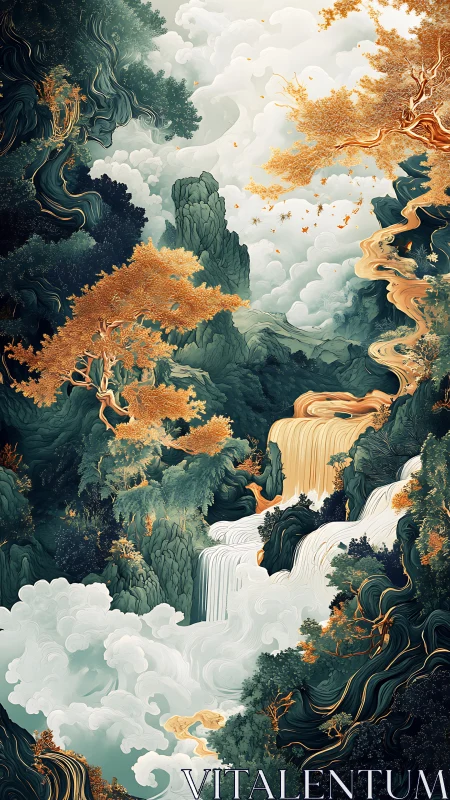 Layered landscape with flowing water and vegetation.