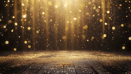 Golden sparkle rain drifting onto a quiet wooden stage.
