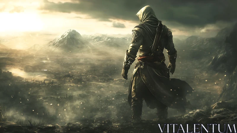 Hooded rogue surveying postwar valley under diffuse golden light.