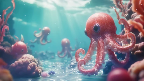 Playful coral reef octopus rendered in soft 3D bokeh lighting.
