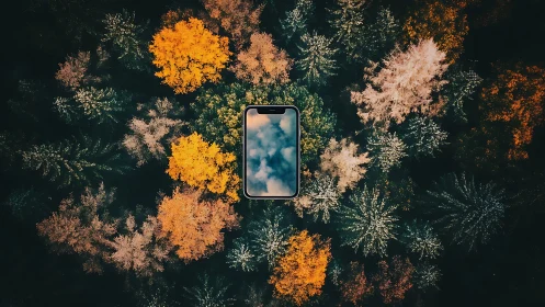 Smartphone Centered in Forest Canopy Aerial View.