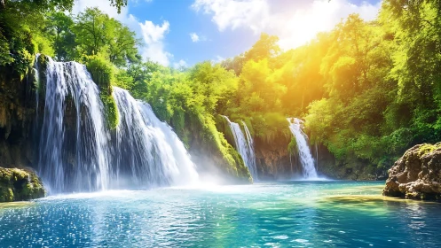 Sunlit emerald waterfalls cascading into turquoise lagoon.