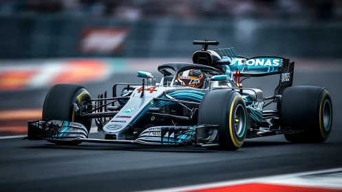 Silver Formula 1 car accelerates through modern racetrack