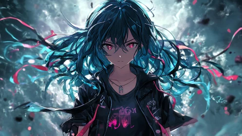 Neon-haired anime heroine confronts storm in dynamic backlight