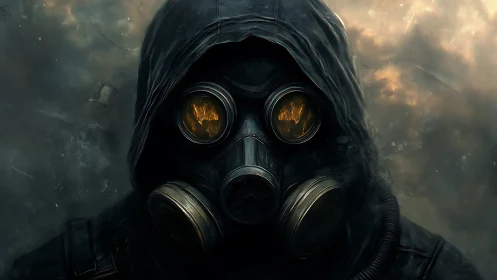 Hooded wasteland watcher studies fires reflected in goggles