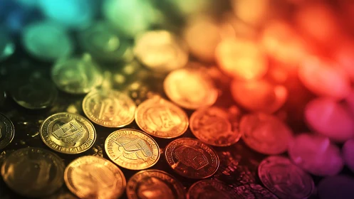 Rainbow glow on scattered coins in a dreamy close-up scene.