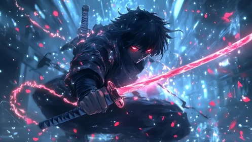 Neon-eyed swordsman unleashes crimson energy blade.