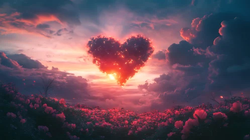 Heart-Shaped Sun Glowing Over Pink Flower Meadow.