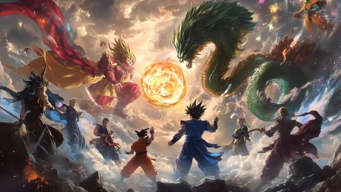 Fantasy warriors confront dragon and lion deities around fire sphere