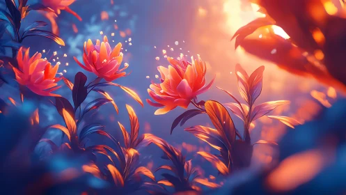 Luminescent Flowers Glowing Against Blue-Orange Sky.