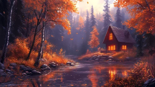 Autumn forest cabin rendered beside reflective river in warm haze