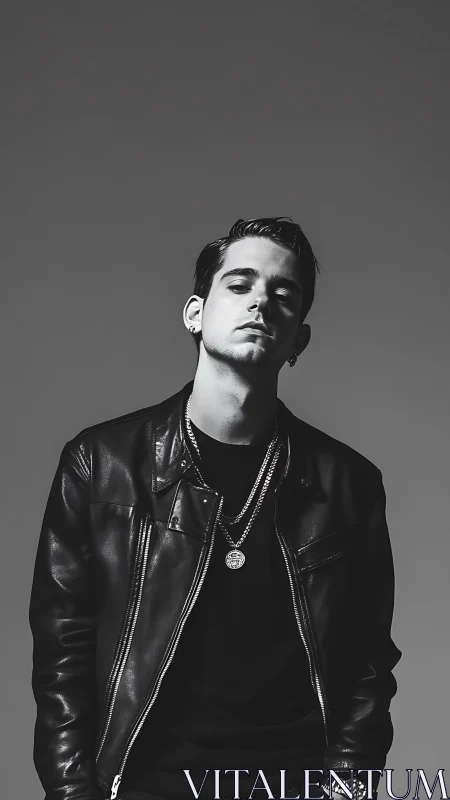 Cool confidence in a leather jacket and layered chains.