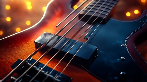 Macro view isolates bass guitar strings, pickups and glossy body