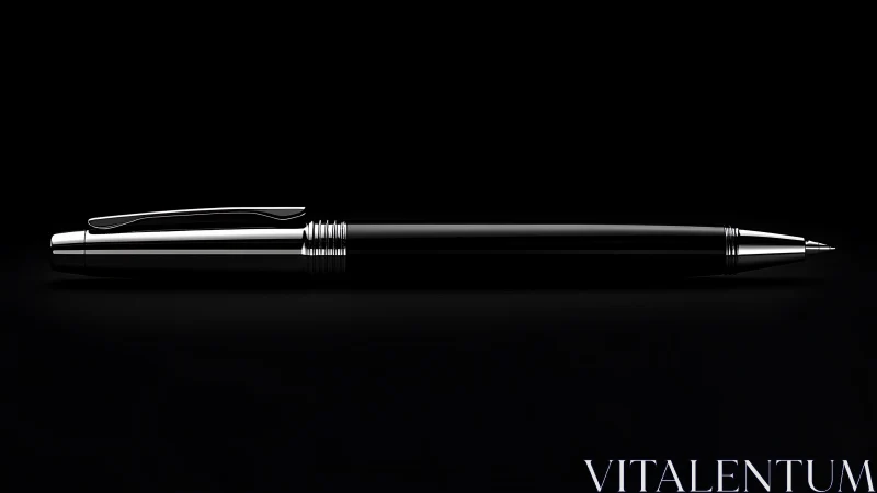 Black metal ballpoint pen on black background, side view.