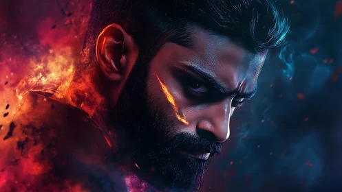 Male portrait combines fiery textures with cool blue smoke