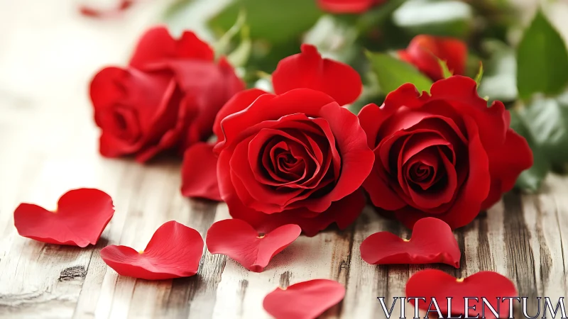 Crimson Blooms & Velvet Petals Dance on Weathered Wood.