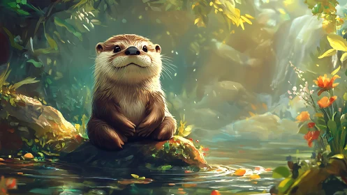 Semi-realistic otter portrait in luminous forest creek habitat