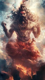 Mythic ascetic figure levitating amid swirling fire clouds.